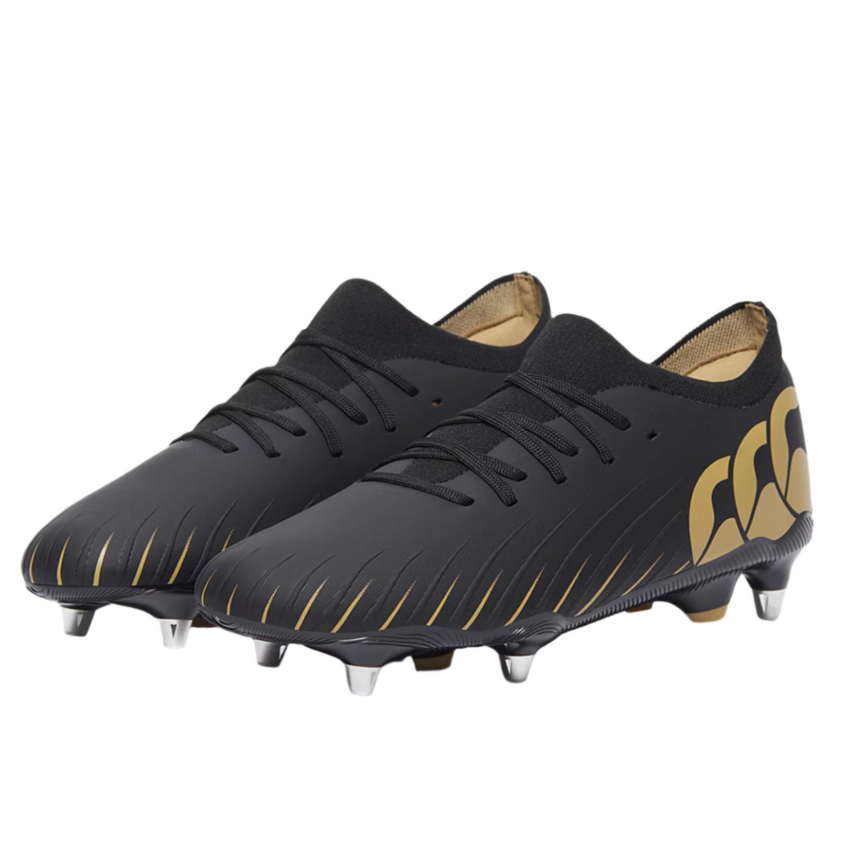 The Canterbury Speed Falcon Pro SG - Black rugby boots by Canterbury feature metal studs for soft ground, a stylized logo on the side, and a lace-up design with black and gold accents.