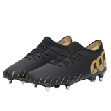 The Canterbury Speed Falcon Pro SG - Black rugby boots by Canterbury feature metal studs for soft ground, a stylized logo on the side, and a lace-up design with black and gold accents.