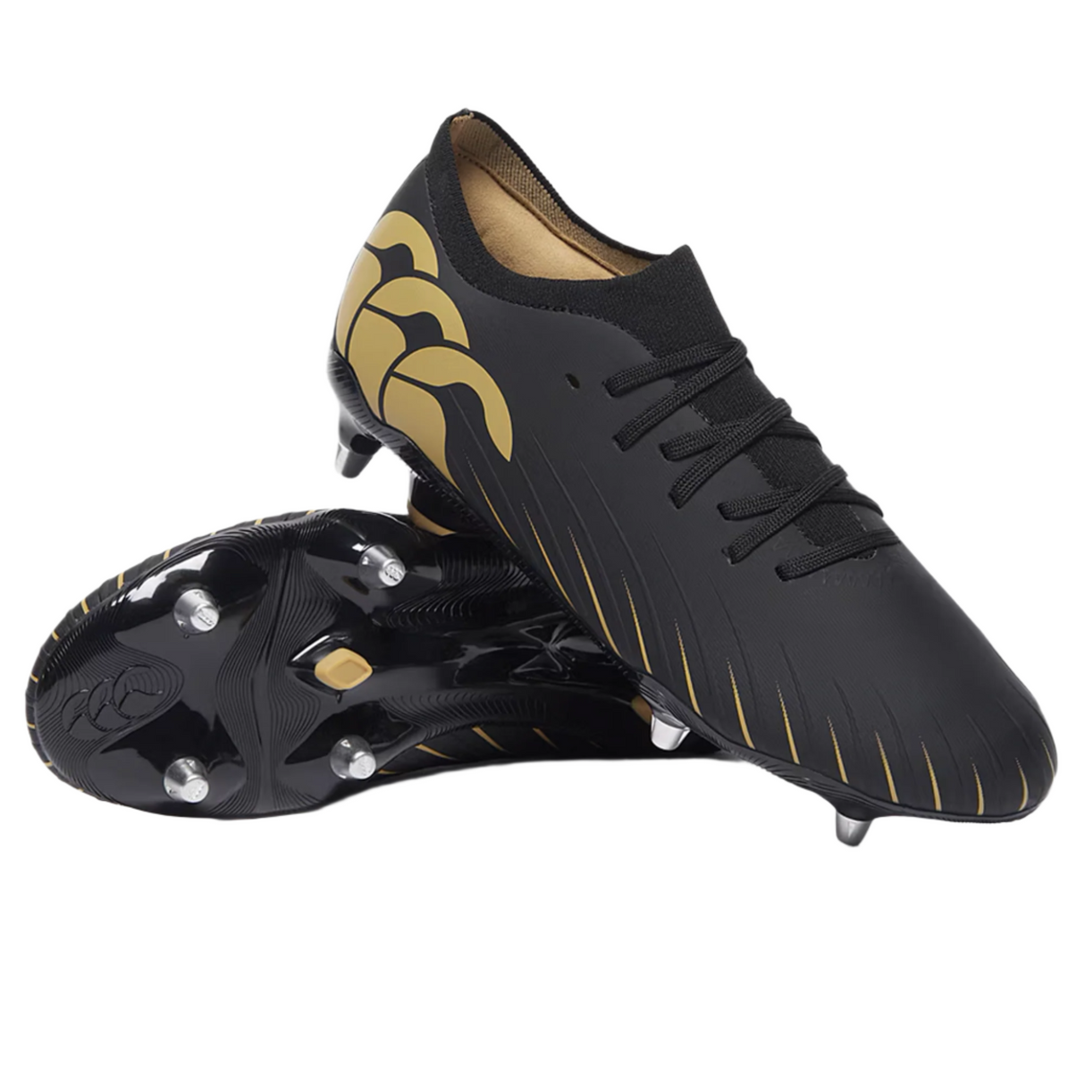 The Canterbury Speed Falcon Pro SG - Black soccer cleats by Canterbury feature gold accents, laces, and metal studs for soft ground, shown against a plain background.