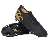 The Canterbury Speed Falcon Pro SG - Black soccer cleats by Canterbury feature gold accents, laces, and metal studs for soft ground, shown against a plain background.