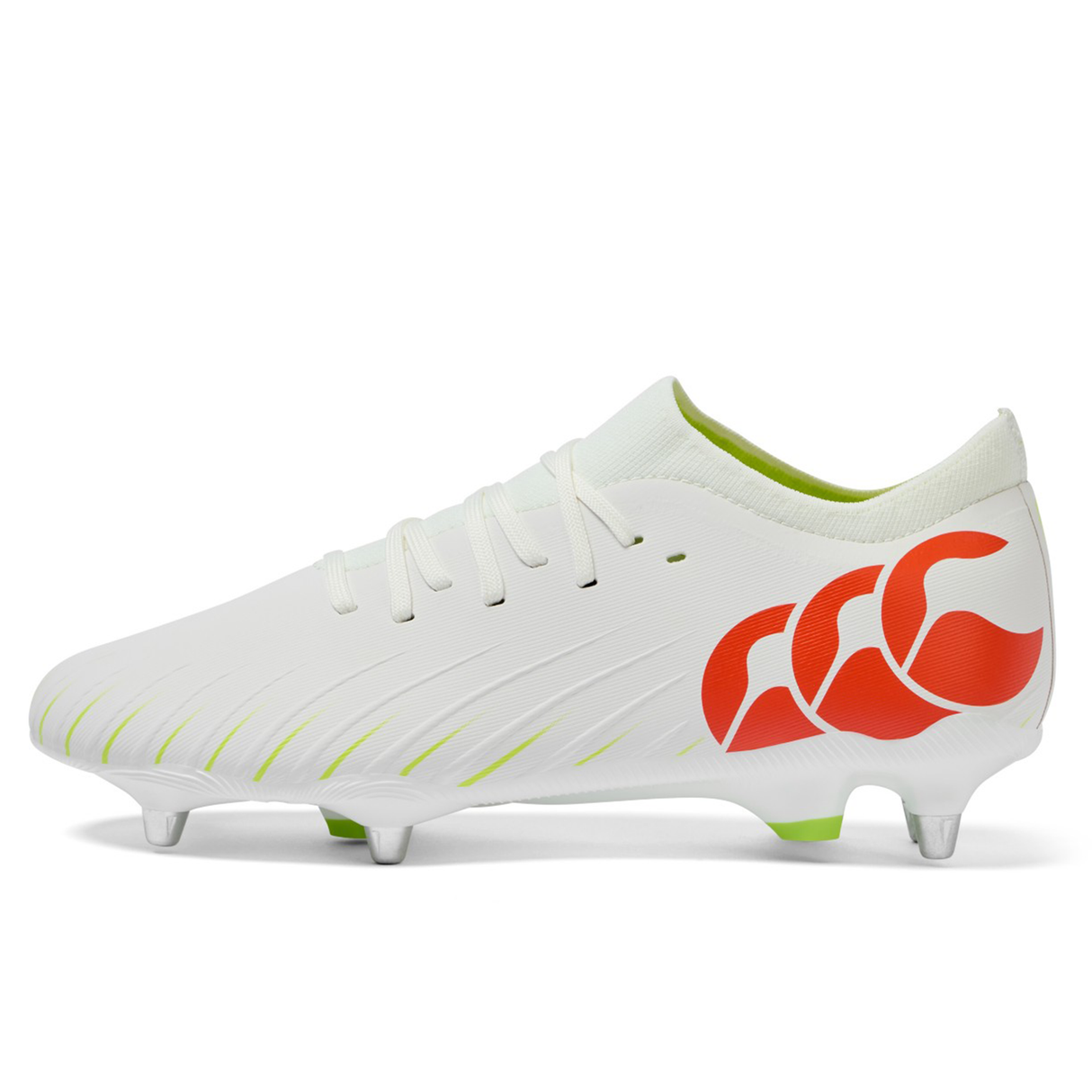 The Canterbury Speed Falcon Pro SG - Snow White/Tangerine Tango showcases a sleek white design with Tangerine Tango accents, metal studs, and a bold red logo for standout style on the field.