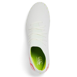 Top view of the Canterbury Speed Falcon Pro SG - Snow White/Tangerine Tango, showing a green interior, Tangerine Tango heel details, and Canterbury branding on the insole.