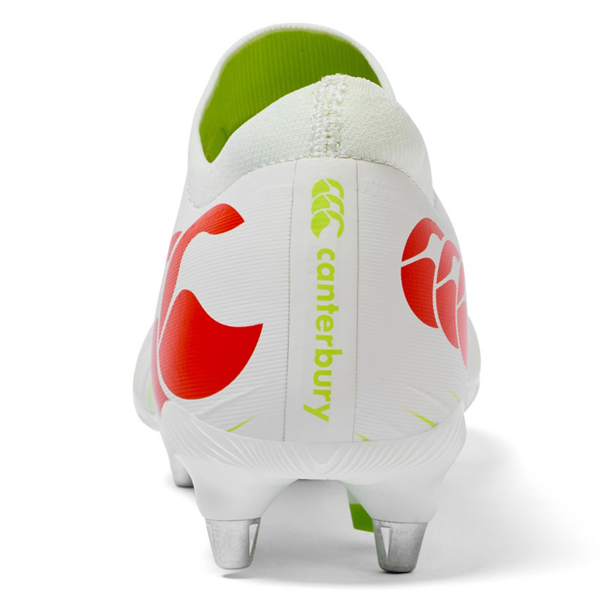 Rear view of the Canterbury Speed Falcon Pro SG rugby boot in Snow White/Tangerine Tango, featuring red accents, metal studs, and a green Canterbury logo on the heel for a bold, dynamic finish.