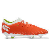 The Canterbury Speed Falcon Pro SG in Tangerine Tango/Snow White features white laces, a white sole with metal studs, and white heel branding—ideal for rugby players seeking lightweight boots for soft ground.