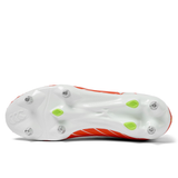 Bottom view of the Canterbury Speed Falcon Pro SG rugby boot in Tangerine Tango/Snow White, featuring a lightweight sole with metal/plastic studs, green accents, textured grip pattern—ideal for agile players.