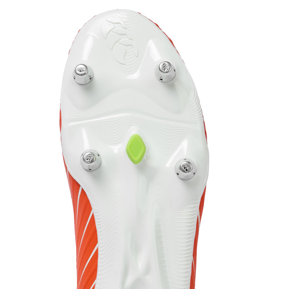 Close-up of the underside of the Canterbury Speed Falcon Pro SG boot (Tangerine Tango/Snow White) by Canterbury, featuring four metal studs and a small green detail at the center of the white sole.