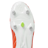 Close-up of the underside of the Canterbury Speed Falcon Pro SG boot (Tangerine Tango/Snow White) by Canterbury, featuring four metal studs and a small green detail at the center of the white sole.