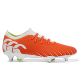 A close-up of Canterbury Speed Falcon Pro SG rugby boots in Tangerine Tango/Snow White, engineered for agility and comfort.