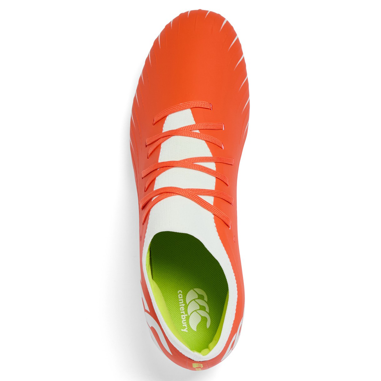 Top view of the Canterbury Speed Falcon Pro SG rugby boot in Tangerine Tango/Snow White with a lime green insole featuring the Canterbury logo—engineered for lightweight agility on the field.
