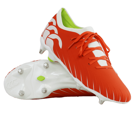 Experience the Canterbury Speed Falcon Pro SG football boots in Tangerine Tango/Snow White, featuring a claw mark design, lightweight build, metal studs, lime green interior, and showcased on a white background.
