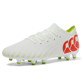 The Canterbury Speed Falcon Pro FG in Snow White/Tangerine Tango features green studs, neon green accents, and a bold heel logo—delivering standout style and performance on the field.