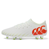 The Canterbury Speed Falcon Pro FG - Snow White/Tangerine Tango displays green studs, Tangerine Tango accents, and a bold red logo on the side, shown in a sleek left side profile view.