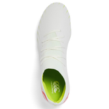 Top view of the Canterbury Speed Falcon Pro FG - Snow White/Tangerine Tango, showing laces, a green Canterbury-branded insole, and a touch of Tangerine Tango on the heel.