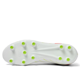 The image displays the sole of a Canterbury Speed Falcon Pro FG - Snow White/Tangerine Tango cleat, featuring eleven lime green studs for optimal traction on grass surfaces.