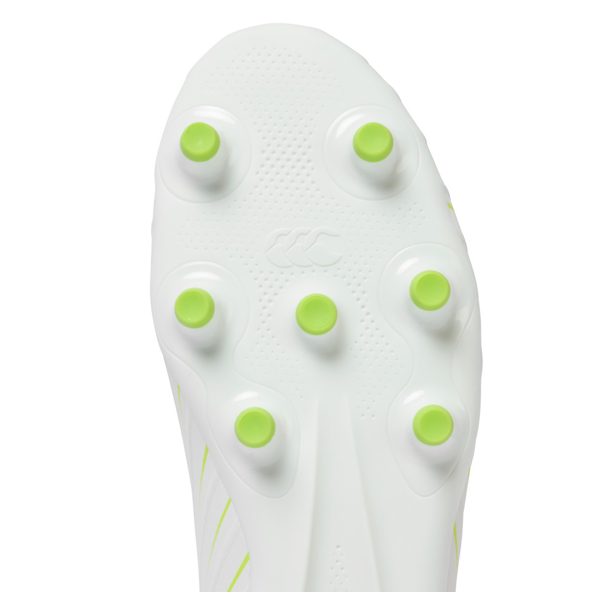 Close-up of the sole of a Canterbury Speed Falcon Pro FG - Snow White/Tangerine Tango cleat, showing seven round light green studs and a textured Canterbury logo at the center.