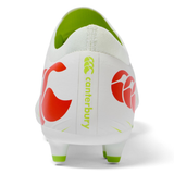 Rear view of the Canterbury Speed Falcon Pro FG rugby boot in Snow White/Tangerine Tango, featuring green sole tips and "Canterbury" branding in green on the heel.