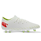 The Canterbury Speed Falcon Pro FG - Snow White/Tangerine Tango features green accents, a Tangerine Tango logo on the heel, lace-up design, and molded studs—crafted for top field performance.