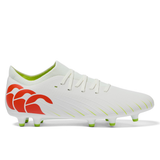 The Canterbury Speed Falcon Pro FG in Snow White/Tangerine Tango showcases green studs, a bold Tangerine Tango logo on the side, and a green interior lining—all set against a crisp white background.