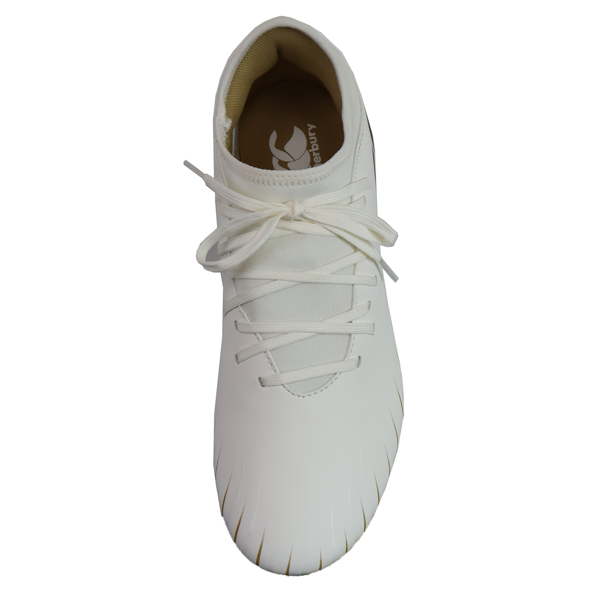 Top view of a Canterbury Speed Falcon Team SG rugby boot in white, featuring a rounded toe, subtle stitching, and logo on the insole—ideal for those wanting reliable soft ground boots from Canterbury.