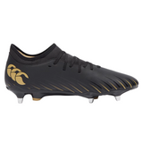 The Canterbury Speed Falcon Team SG - Black by Canterbury is a black soft-ground rugby boot with gold accents, metal studs, a large gold logo on the heel, and diagonal gold streaks along the side.
