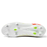 The underside of a Canterbury Speed Falcon Team SG soccer cleat in Snow White/Tangerine Tango, featuring metal and plastic studs with neon green and orange accents.