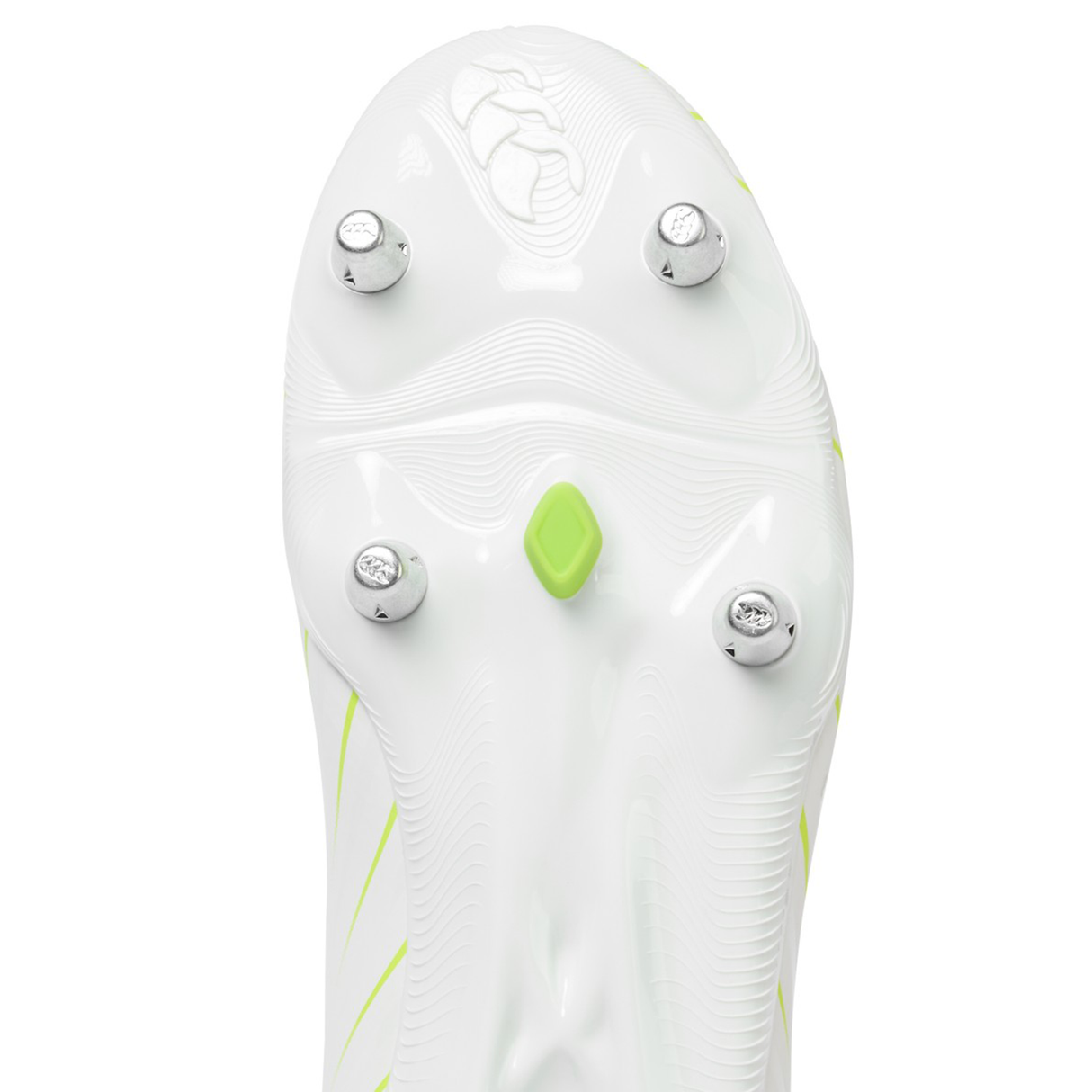 Close-up of the sole of a Canterbury Speed Falcon Team SG - Snow White/Tangerine Tango soccer cleat by Canterbury, showing four metal studs and a small green plastic stud.