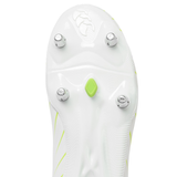 Close-up of the sole of a Canterbury Speed Falcon Team SG - Snow White/Tangerine Tango soccer cleat by Canterbury, showing four metal studs and a small green plastic stud.