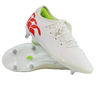 A pair of Canterbury Speed Falcon Team SG soccer cleats in Snow White/Tangerine Tango, featuring a red logo, neon green interior, and metal studs; one shoe stands upright while the other shows its sole.