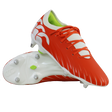A pair of Canterbury Speed Falcon Team SG rugby boots in Tangerine Tango/Snow White, one upright and one on its side, featuring metal studs and a lime green inner lining.