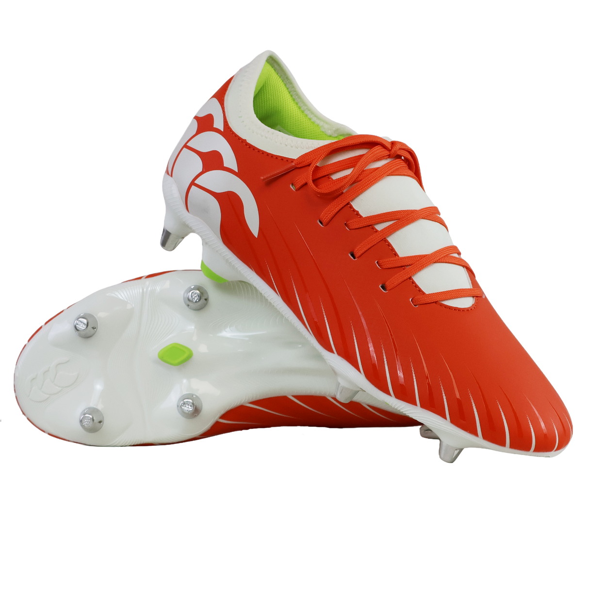 A pair of Canterbury Speed Falcon Team SG rugby boots in Tangerine Tango/Snow White, one upright and one on its side, featuring metal studs and a lime green inner lining.