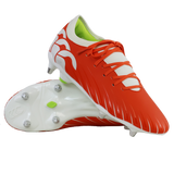 A pair of Canterbury Speed Falcon Team SG rugby boots in Tangerine Tango/Snow White, one upright and one on its side, featuring metal studs and a lime green inner lining.