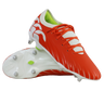 A pair of Canterbury Speed Falcon Team SG rugby boots in Tangerine Tango/Snow White, one upright and one on its side, featuring metal studs and a lime green inner lining.