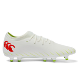 The Canterbury Speed Falcon Team FG rugby boot in Snow White/Tangerine Tango features green studs, green accent lines, and a Tangerine Tango red logo on the heel, shown in a side profile view.