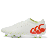 The Canterbury Speed Falcon Team FG - Snow White/Tangerine Tango features green studs, Tangerine Tango yellow accents, and a bold red side logo.