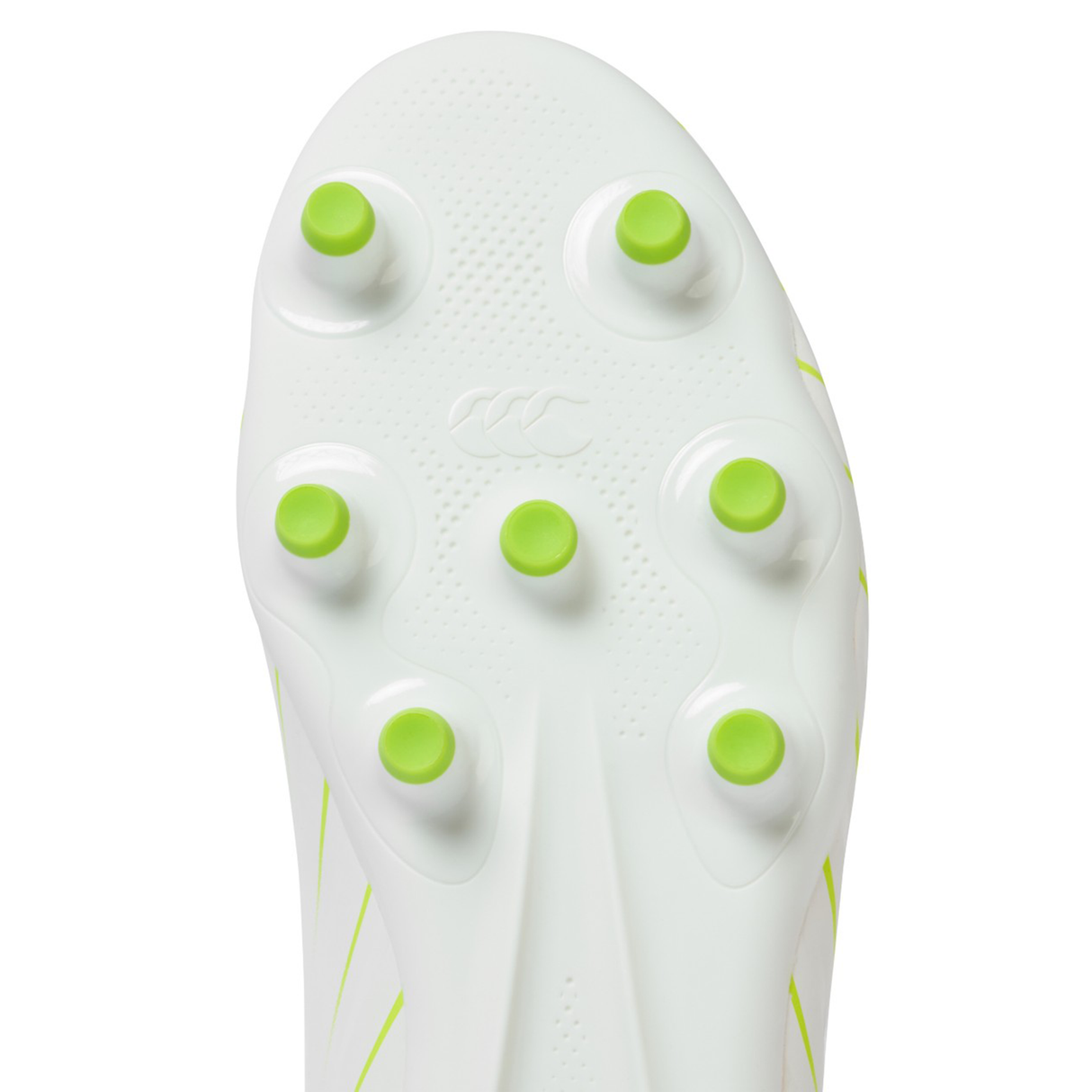 Close-up of the sole of a Canterbury Speed Falcon Team FG soccer cleat in Snow White/Tangerine Tango, highlighting seven green-tipped studs in a circular pattern.