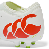 Close-up of the heel of the Canterbury Speed Falcon Team FG soccer cleat in Snow White/Tangerine Tango, showing a red logo, green-tipped sole studs, and a Tangerine Tango accent.