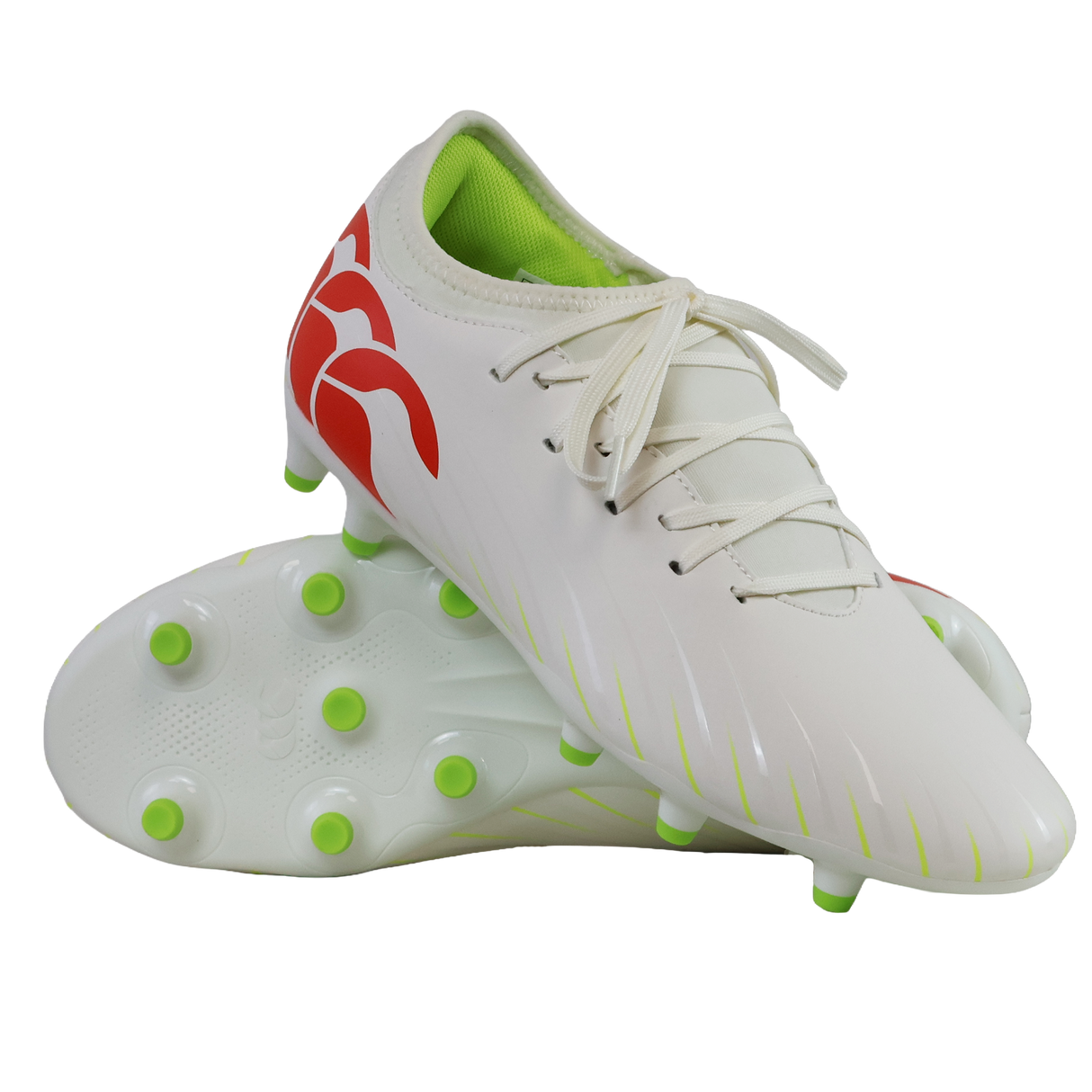 A pair of Canterbury Speed Falcon Team FG soccer cleats in Snow White/Tangerine Tango, featuring green studs, a lime green interior, and tangerine red heel accents, displayed against a white background.