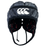 The Raze LE Force Headguard by Canterbury H125 is a black padded rugby scrum cap that includes a white logo on the front and an adjustable chin strap for secure fitting.