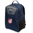 The Montgomery Bucks Griffins Medium Backpack by EMB Canterbury is navy blue, water repellent, and features front zipper and side mesh pockets, a padded laptop pocket, and a lion logo patch with "MBRFC" text. Stylish and functional.
