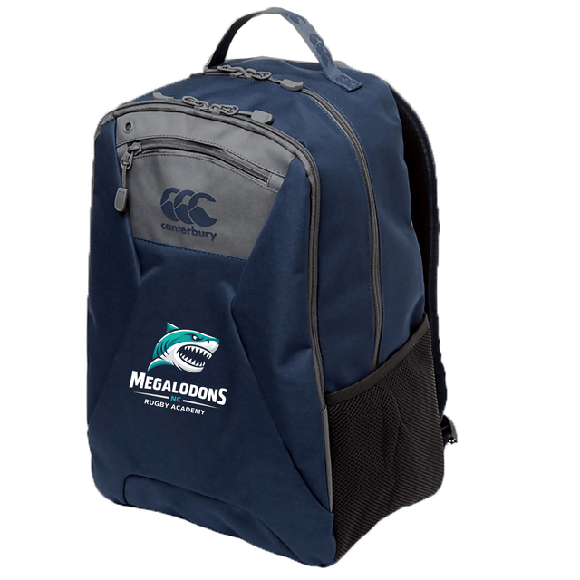 The NC Rugby Academy - Megalodons Medium Backpack by EMB Canterbury features a shark logo, front zip pocket, mesh side pocket, padded laptop pocket, top handle, and water-repellent fabric—perfect for everyday use.