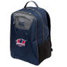 The EMB Canterbury Nebraska Rugby Referee Society Medium Backpack features a front zipper pocket, mesh side pocket, padded laptop pocket, and a Nebraska-themed logo patch on the lower front.