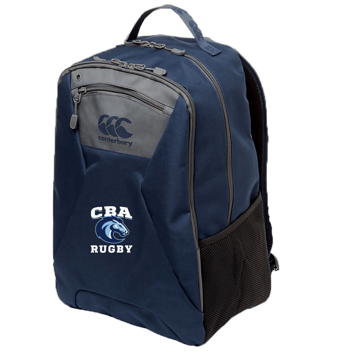 The EMB Canterbury Christian Brothers Academy Rugby Medium Backpack in navy blue features the classic logo and "CRA Rugby" text with a lion emblem, ergonomic shoulder straps, and Vaposhield technology for comfort and weather protection.