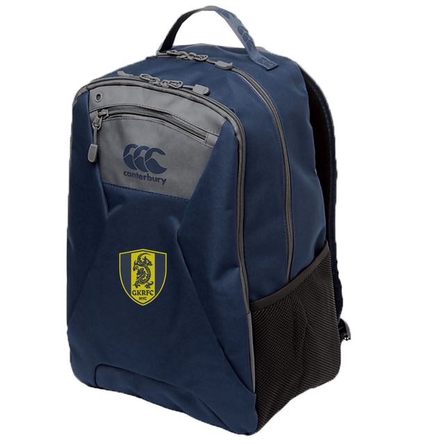 The Gotham Knights Medium Backpack by Canterbury, available in navy blue with gray accents, showcases the Canterbury logo and GKRC crest on the front pocket. It includes a main zipper compartment, a padded laptop pocket, a smaller front compartment, and side mesh pockets—all made from robust Polyester 600D PVC.