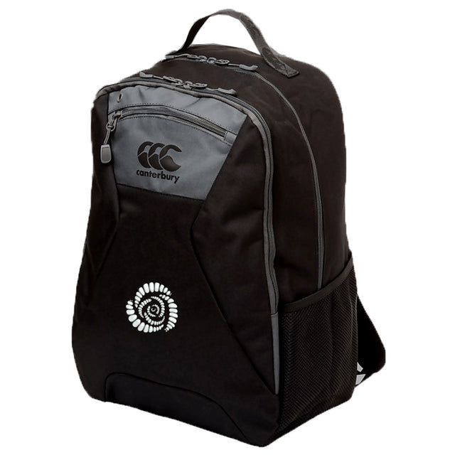 The Missoula All-Maggots Medium Backpack by EMB Canterbury is a black backpack featuring a gray zipper, a side mesh pocket, and two logos on the front. It includes a padded laptop pocket for added protection and is photographed against a plain white background.