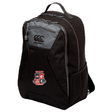 The Rye High School 10 Year Medium Backpack by Canterbury is a sleek black accessory with gray accents, displaying the signature Canterbury logo and a rugby club crest prominently on the front. Designed for comfort, it includes ergonomic shoulder straps, making it ideal for all-day use.
