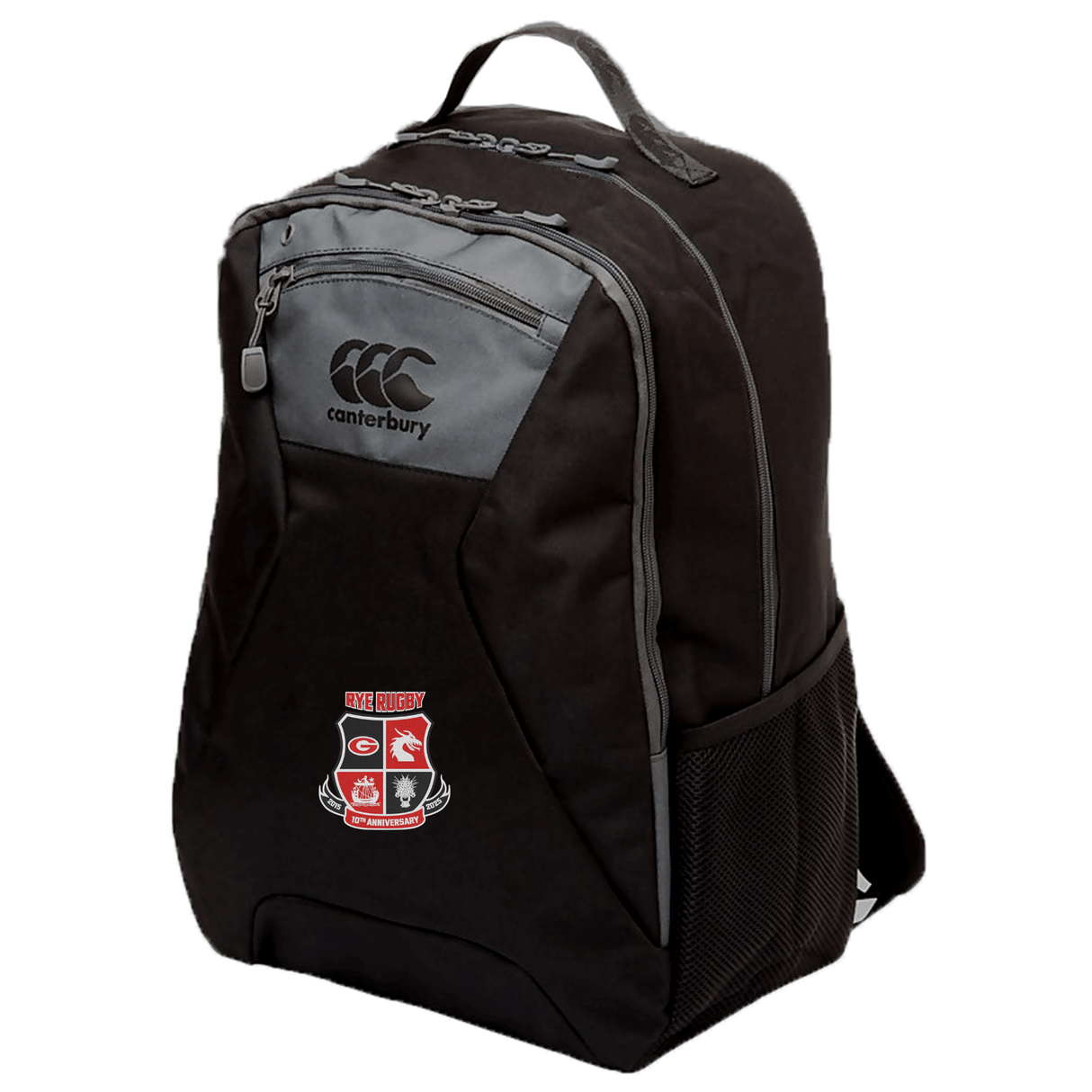 The Rye High School 10 Year Medium Backpack by Canterbury is a sleek black accessory with gray accents, displaying the signature Canterbury logo and a rugby club crest prominently on the front. Designed for comfort, it includes ergonomic shoulder straps, making it ideal for all-day use.