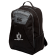 Introducing the Highlanders Rugby NC Medium Backpack by EMB Canterbury, crafted from durable 100% polyester in black and gray. This versatile backpack features multiple zippered compartments, a side mesh pocket, and a padded laptop pocket for added convenience. It is adorned with the iconic Highlanders Rugby logo.