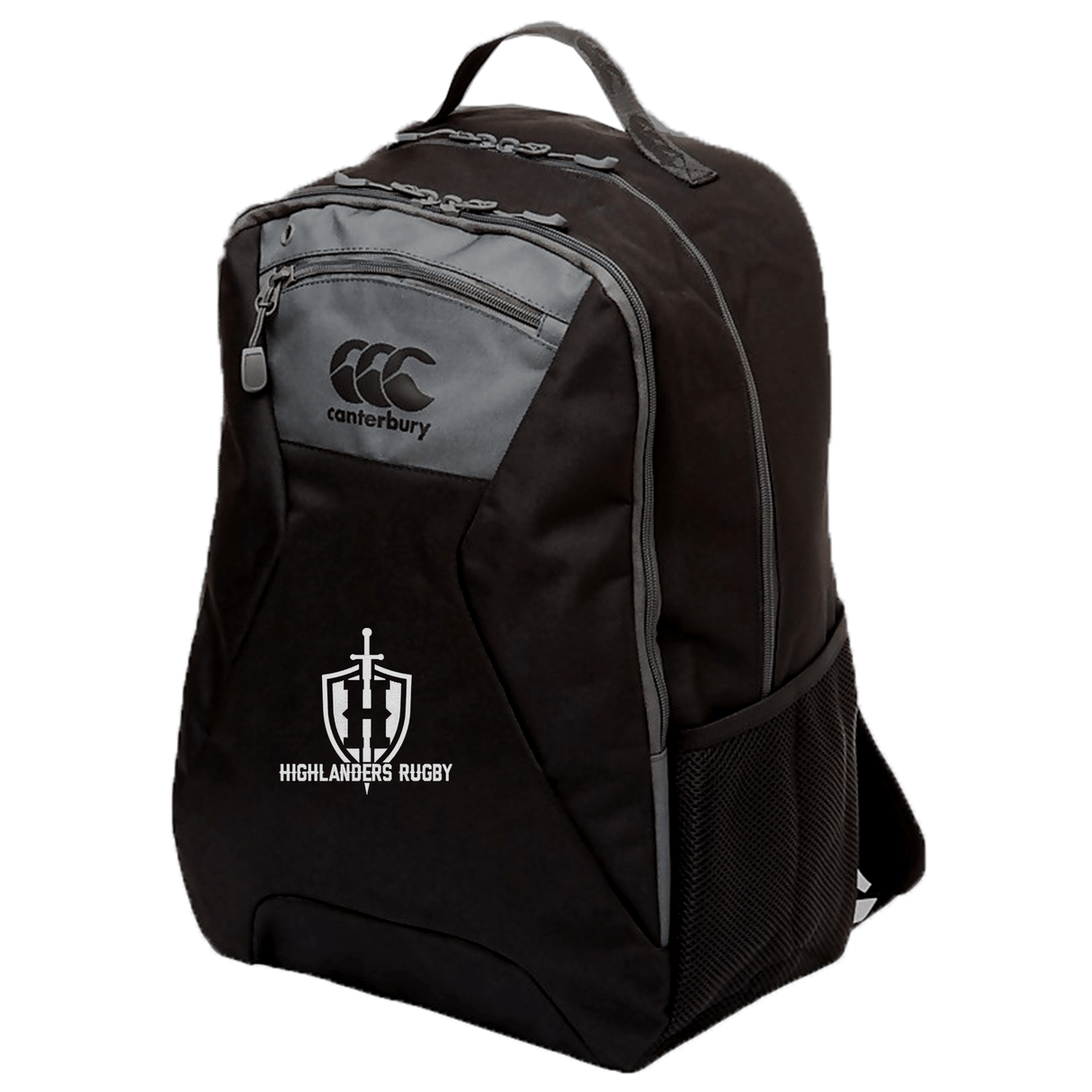 Introducing the Highlanders Rugby NC Medium Backpack by EMB Canterbury, crafted from durable 100% polyester in black and gray. This versatile backpack features multiple zippered compartments, a side mesh pocket, and a padded laptop pocket for added convenience. It is adorned with the iconic Highlanders Rugby logo.
