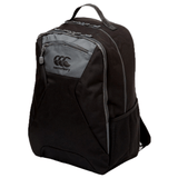 A Canterbury black and grey backpack with a logo on it.
