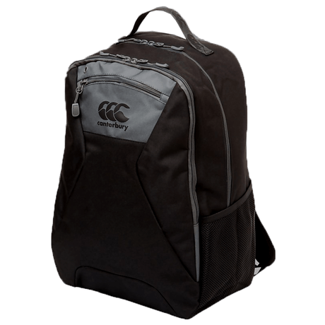 A Canterbury black and grey backpack with a logo on it.
